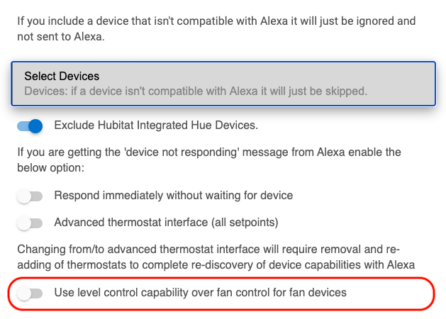 Screenshot: Level vs. fan speed option for fan-capability devices