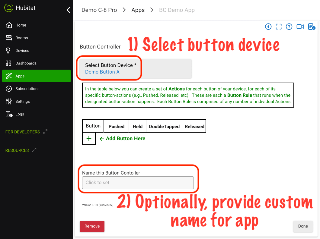 Screenshot of Button Controller app with device and name selectors