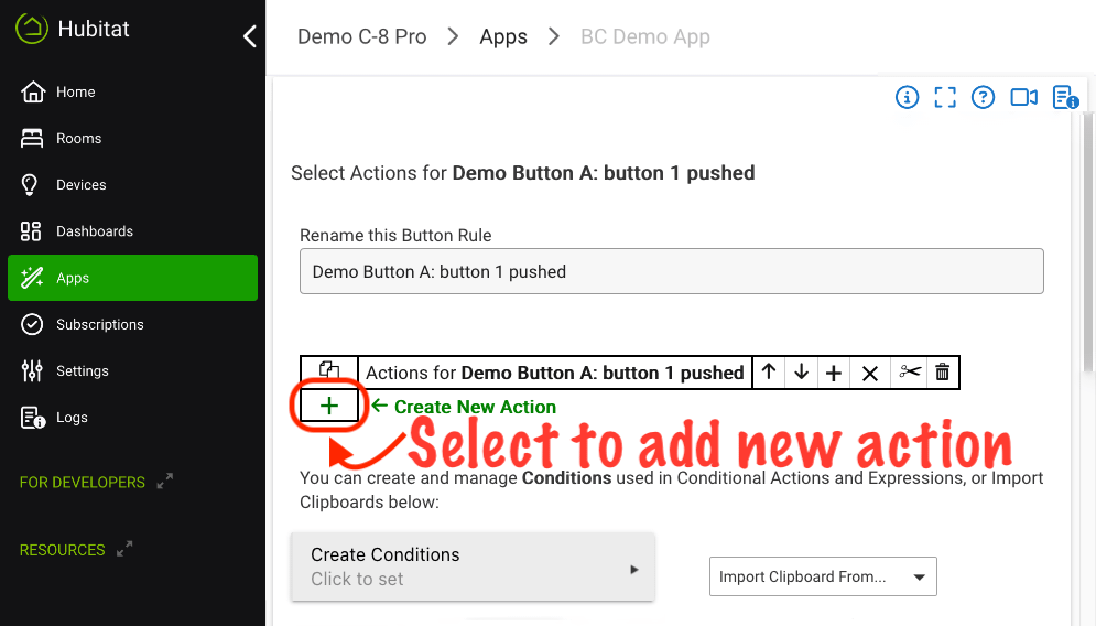 Screenshot: "Create New Action" link, "+" icon, in Button Rule