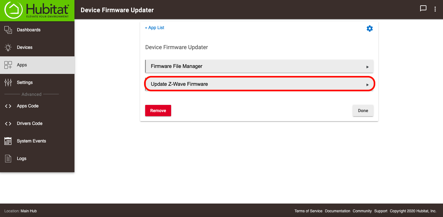 Scscreenshot of "Update Z-Wave Firmware" button