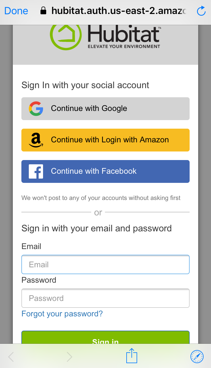 Screenshot of Hubitat login for Google Home
