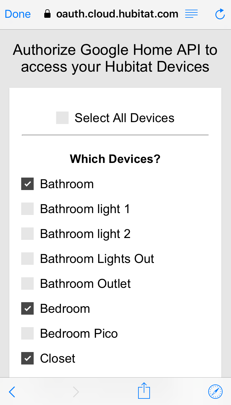 Screenshot of Hubitat device list to authorize