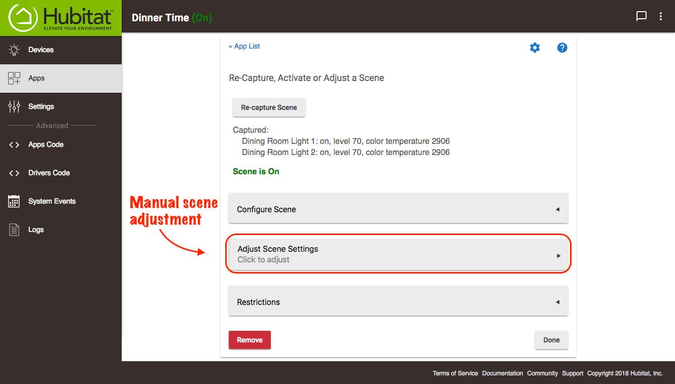 Screenshot of "Adjust Scene Settings" button