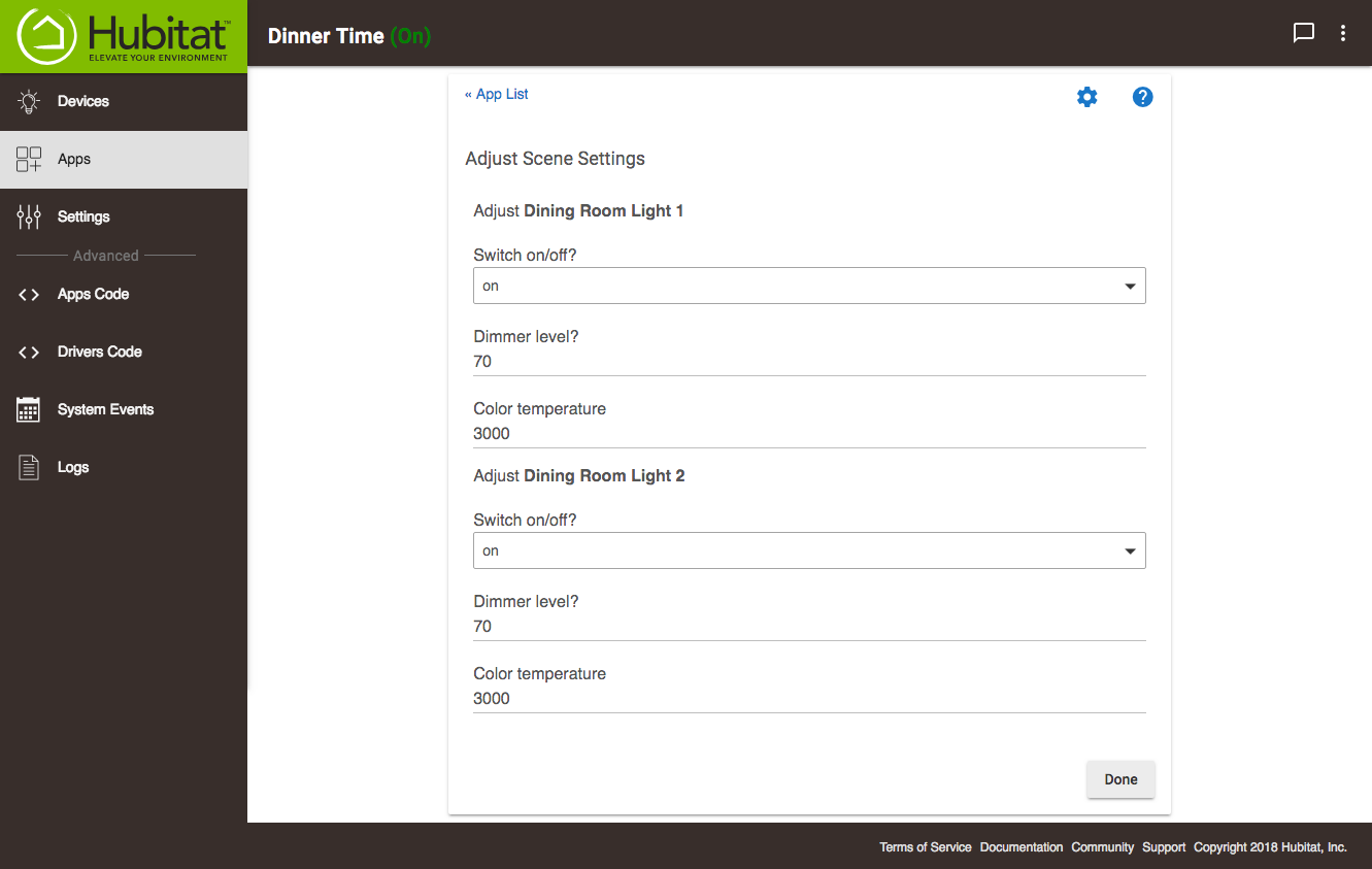 Screenshot of manual scene adjustment options