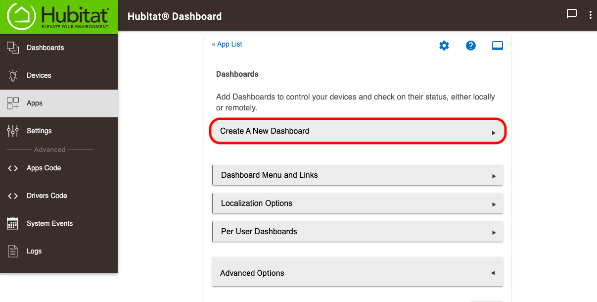 Screenshot - 'Create New' in Hubitat Dashboard