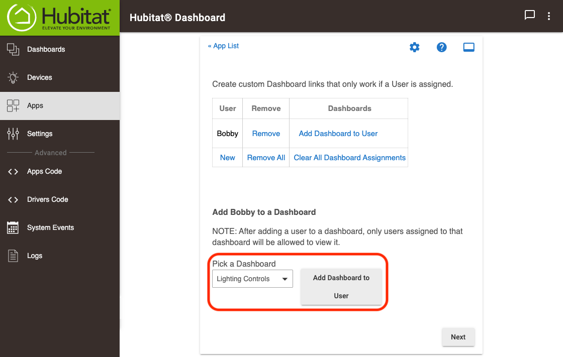 Screenshot - Pick dashboard for per-user dashboard