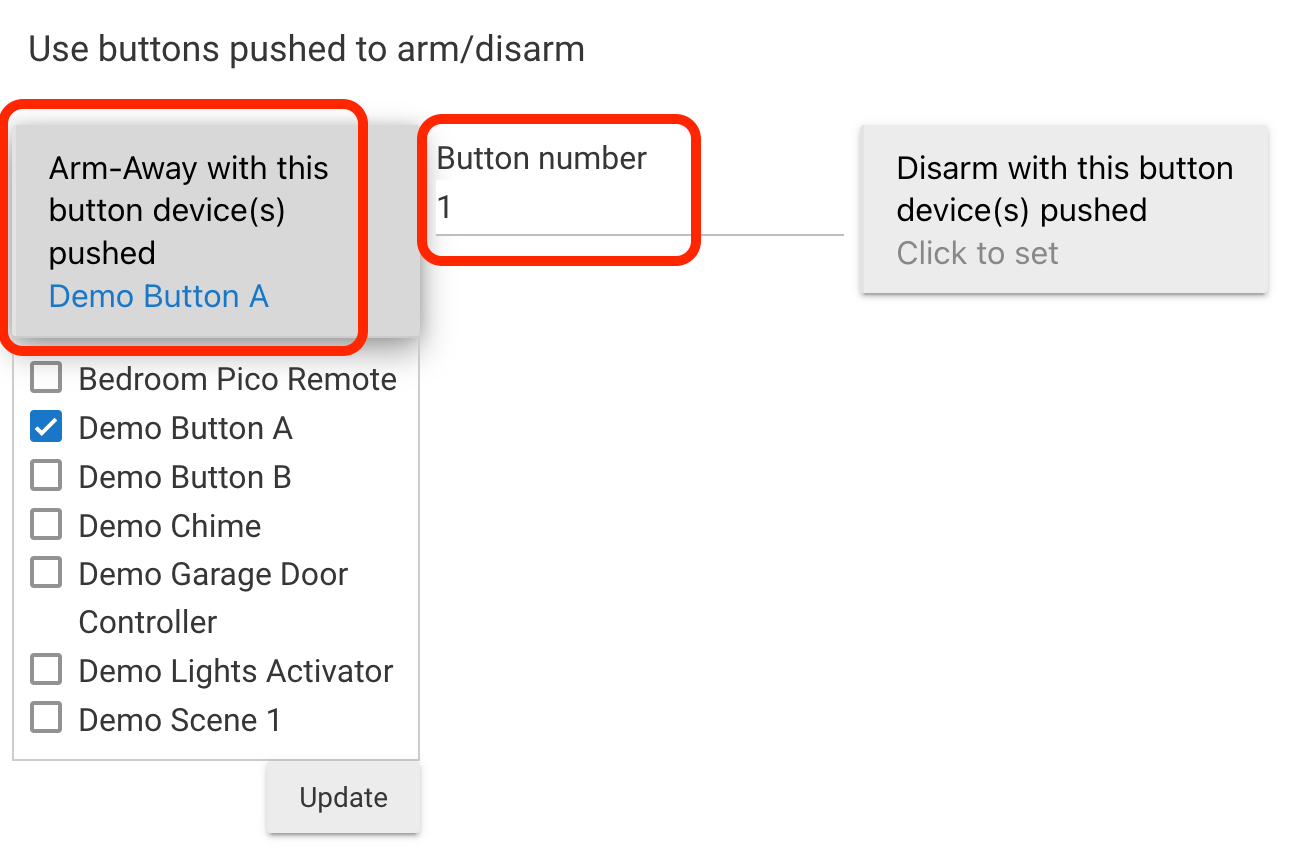 Screenshot of "Use buttons pushed to arm/disarm" button device and button number selection