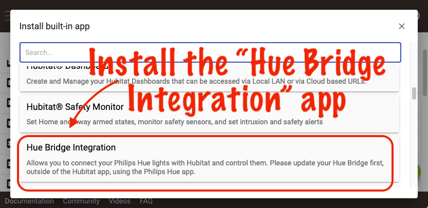 Screenshot of Hue Bridge Integration in apps list