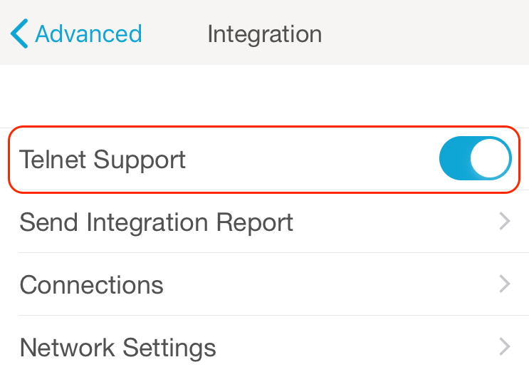 Screenshot of "Telnet Support" option in Lutron mobile app (enable this option)