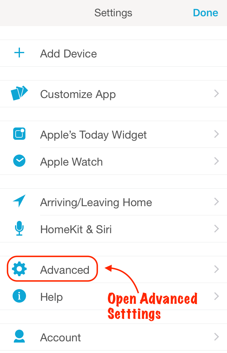 Screenshot of "Adanced" setting category in Lutron mobile app