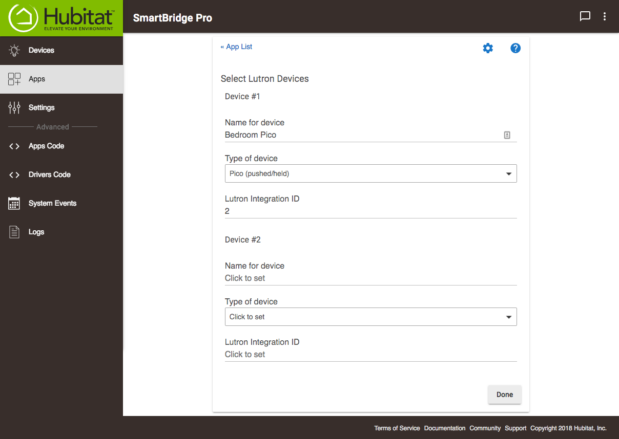 Screenshot of added devices in Lutron integrator app