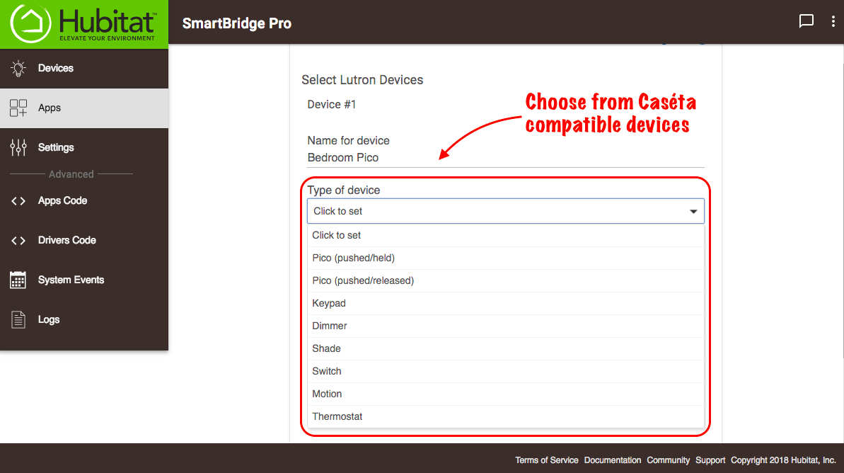 Screenshot: Example of adding Lutron device in Hubitat integration