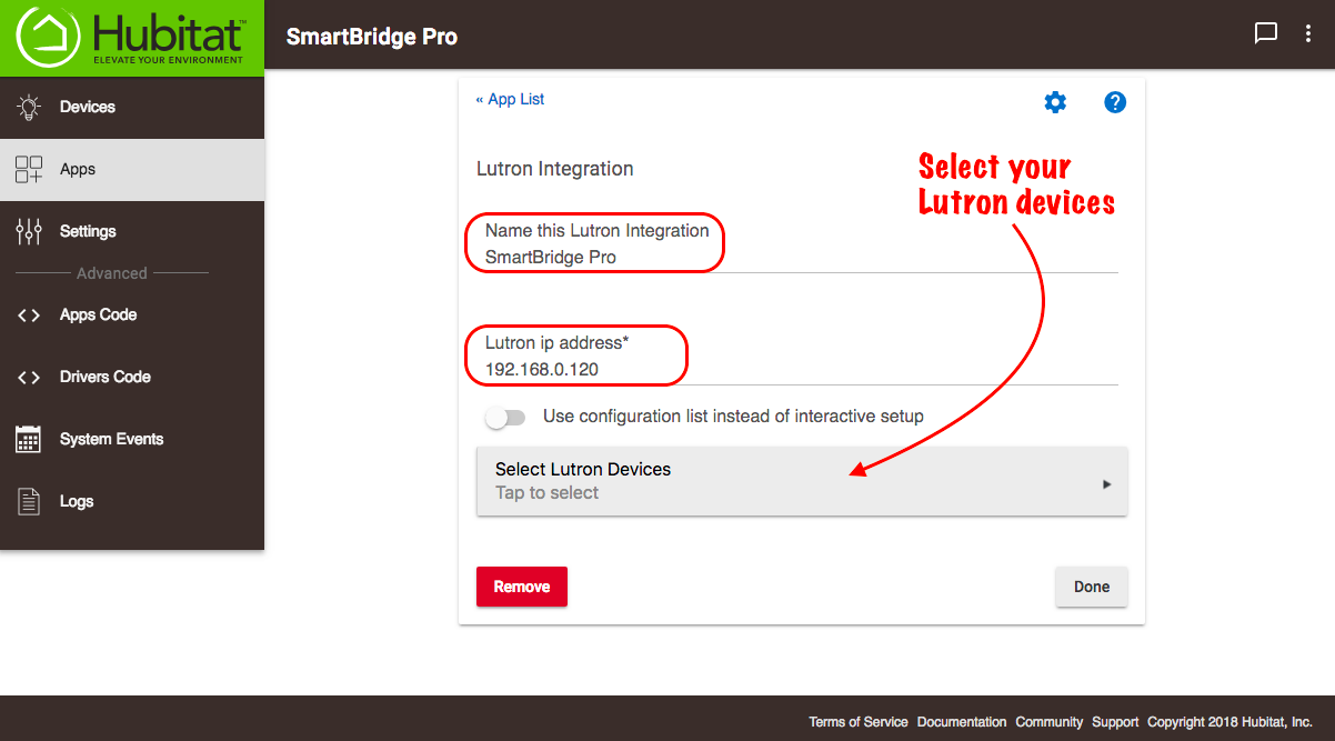 Screenshot of Caseta/RA2 integration app in Hubitat (name, IP, etc.)