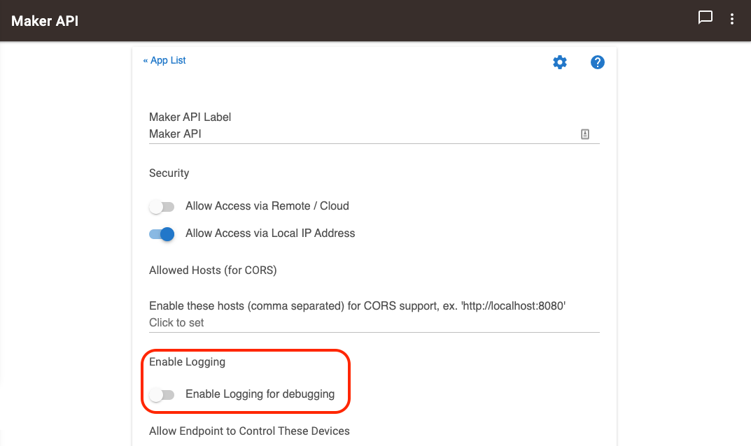 Screenshot of "Enable logging for debugging" option in Maker API app