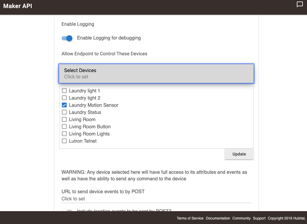 Screenshot of "Select Devices" input to authorize devices for Maker API