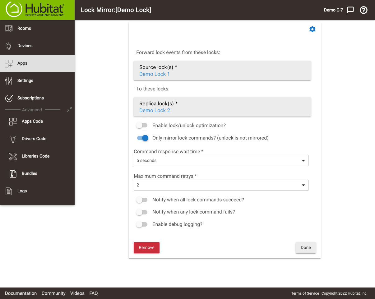 Screenshot: Example of "Lock Mirror" configuration, showing Lock 1 as source and Lock 2 as replica
