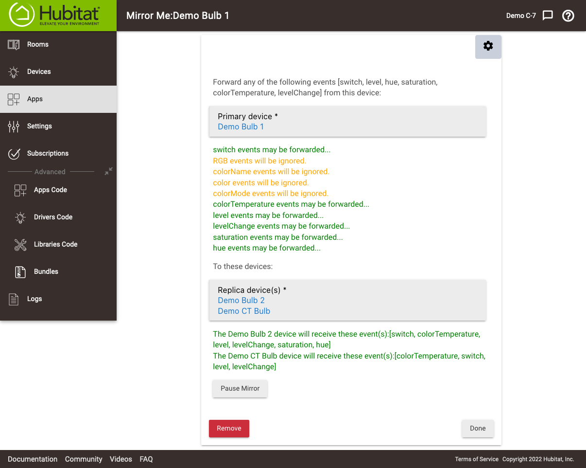 Screenshot: Example of "Mirror Me" configuration, showing what events may or will not be forwarded to replica devices