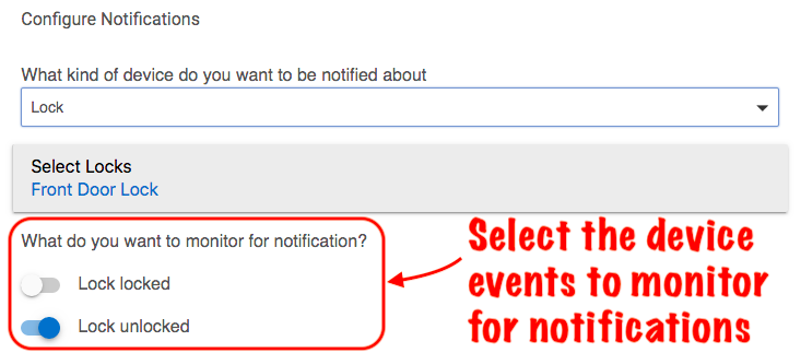 Screenshot: Events to monitor (here: lock locked and/or lock unlocked)