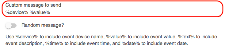 Screenshot of notification text example using variables: "%device%&nbsp;%value%"