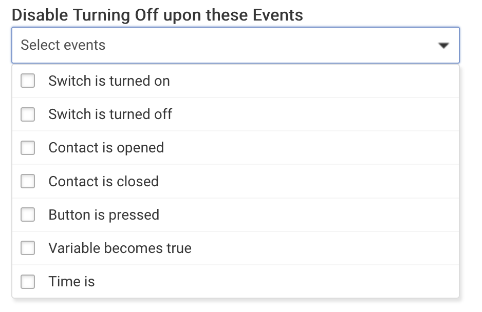 Screenshot of "Disable off upon event" options in Room Lights