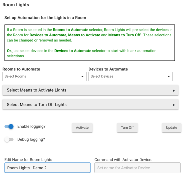 Screenshot: Room Lights initial page