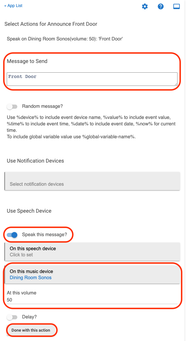 Screenshot of "Message to send" and other options