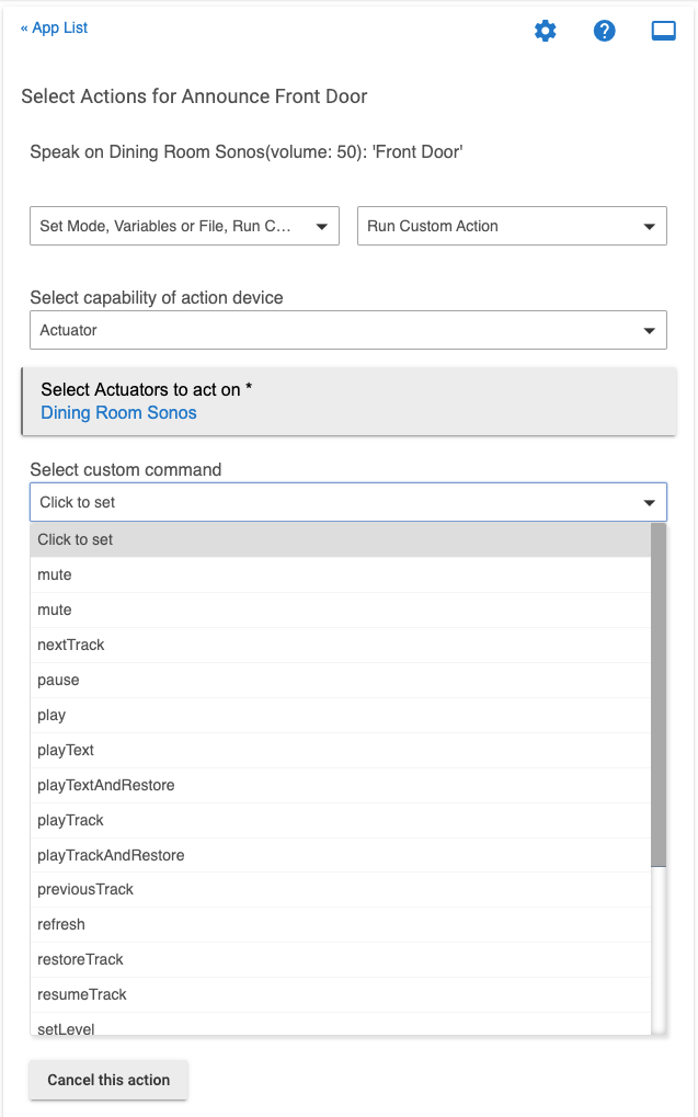 Screenshot of custom command options