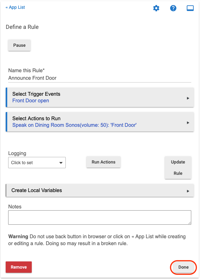 Screeshot: "Done" button at bottom of rule page