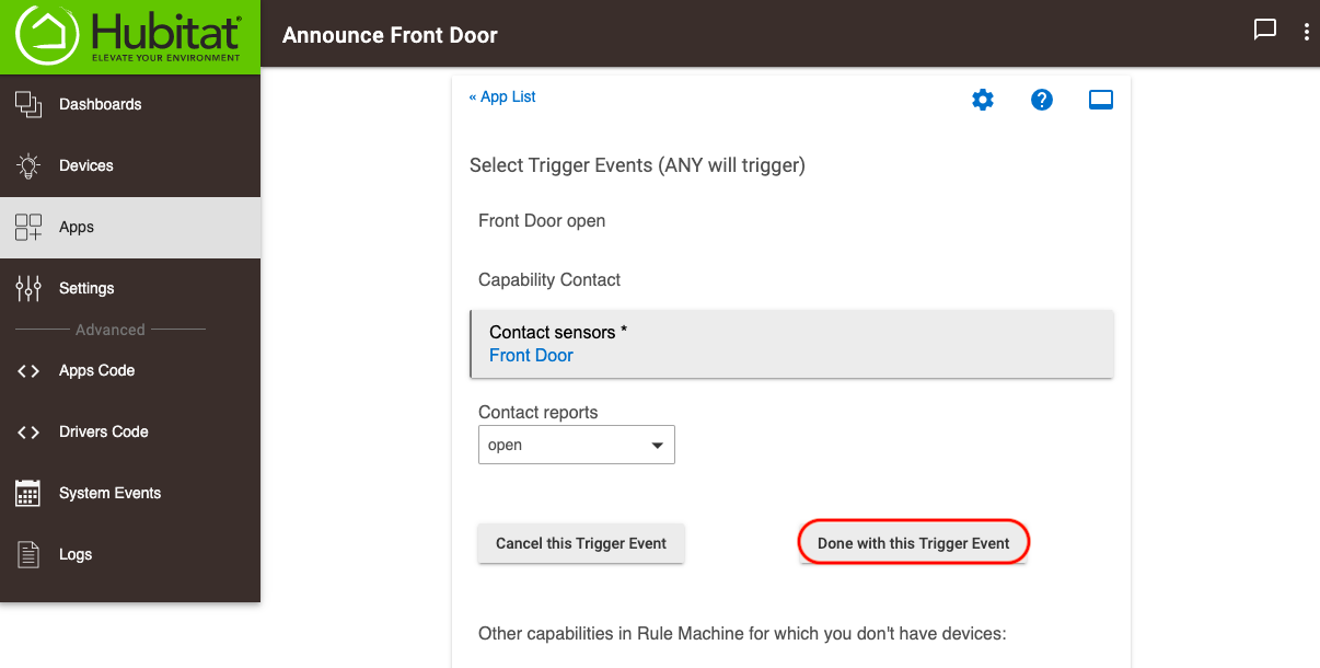 Screenshot: "Done With This Trigger Event" button