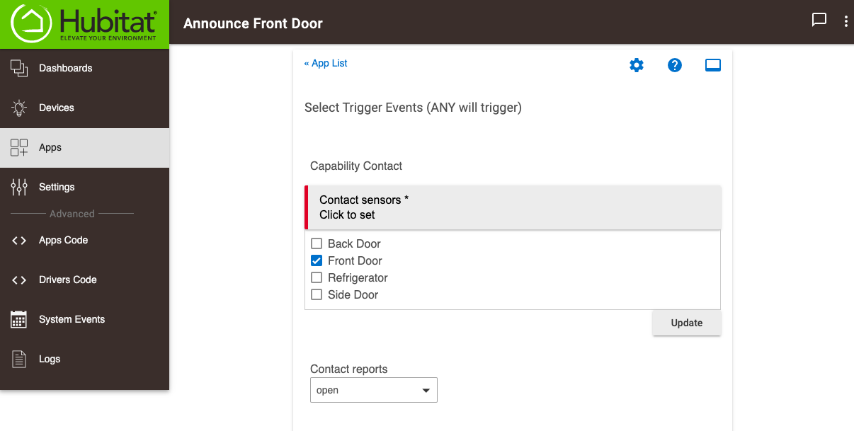 Screenshot of device selector for "Contact Sensors"