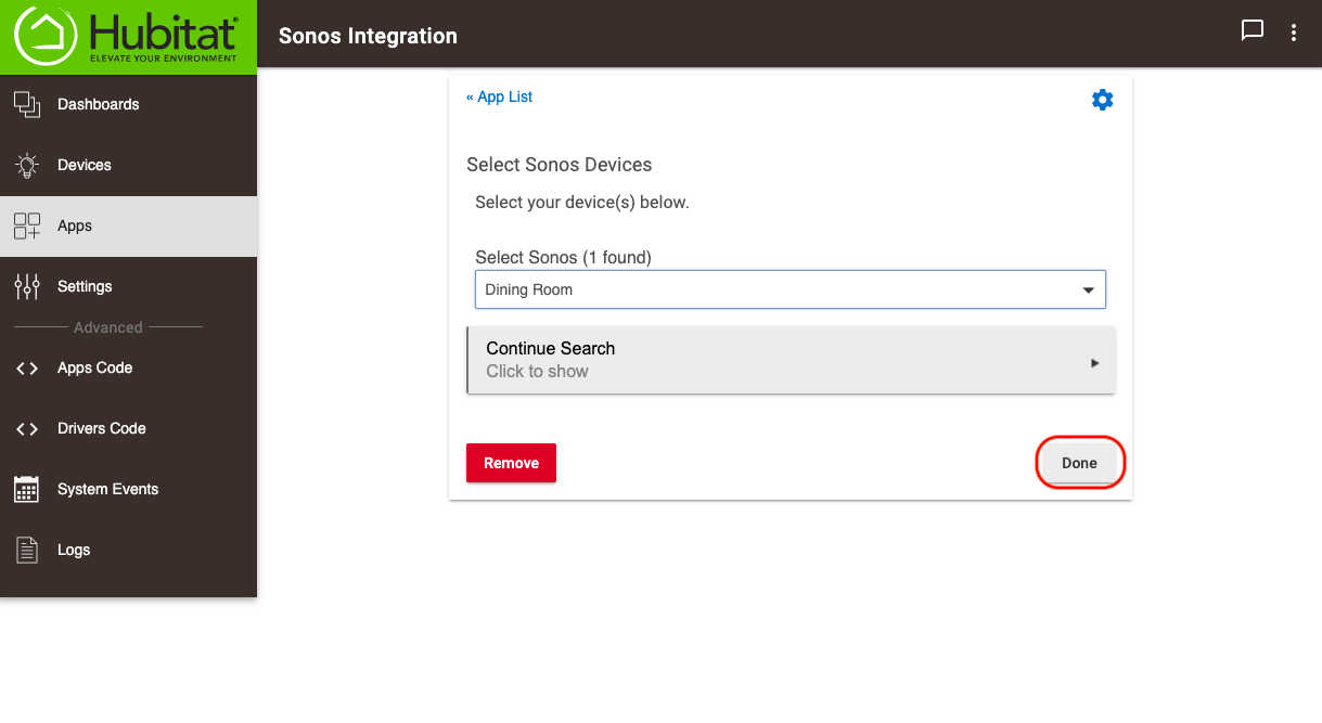 Screenshot: "Done" button