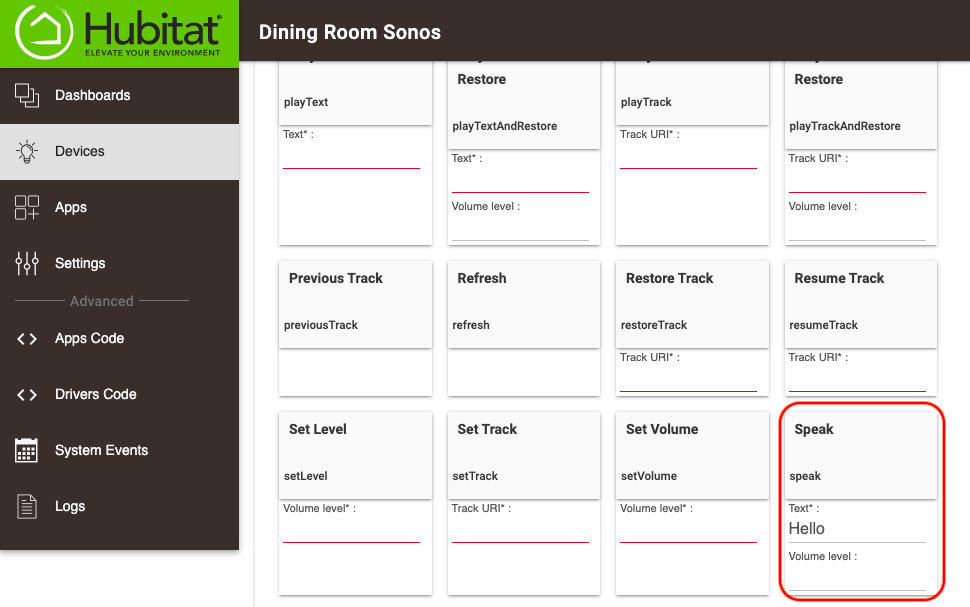 Screenshot of Sonos device detail page, highlighting "Speak" command/button