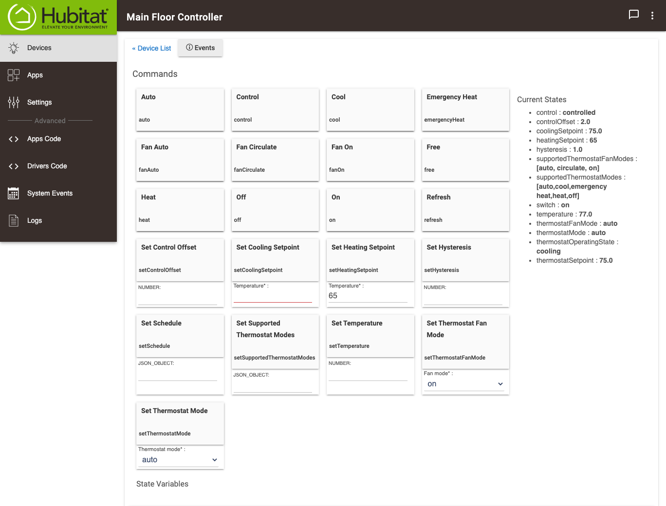 Screenshot of "virtual" Thermostat Controller device detail page