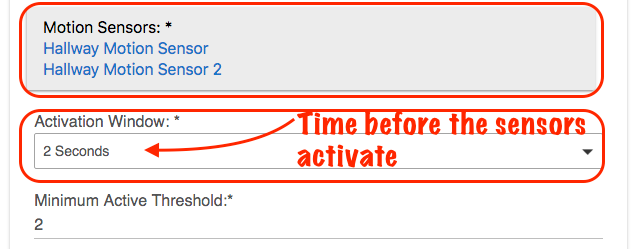 Screenshot of options for selecting motion sensors, activiation window, and minimum active threshold