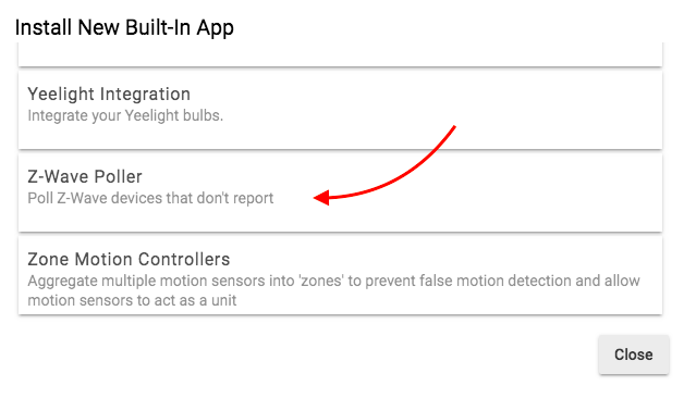Screenshot of Z-Wave Poller in built-in apps list