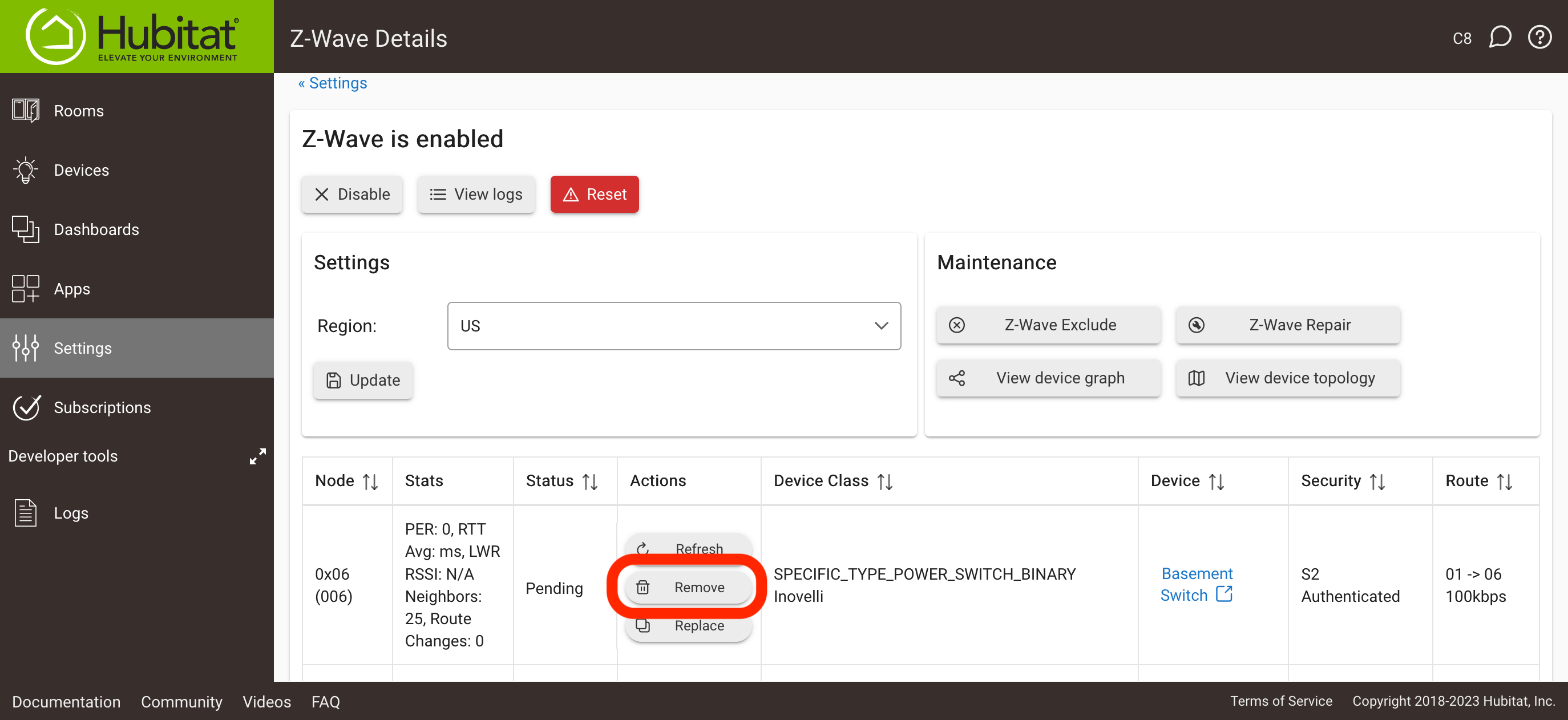 Screenshot: "Remove" button in Z-Wave node row