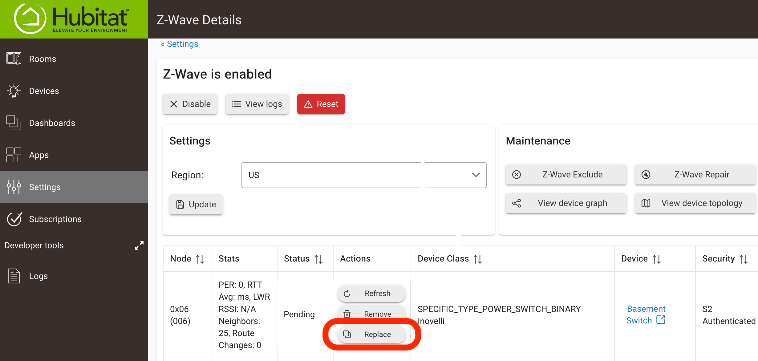 Screenshot: "Replace" button in Z-Wave node row
