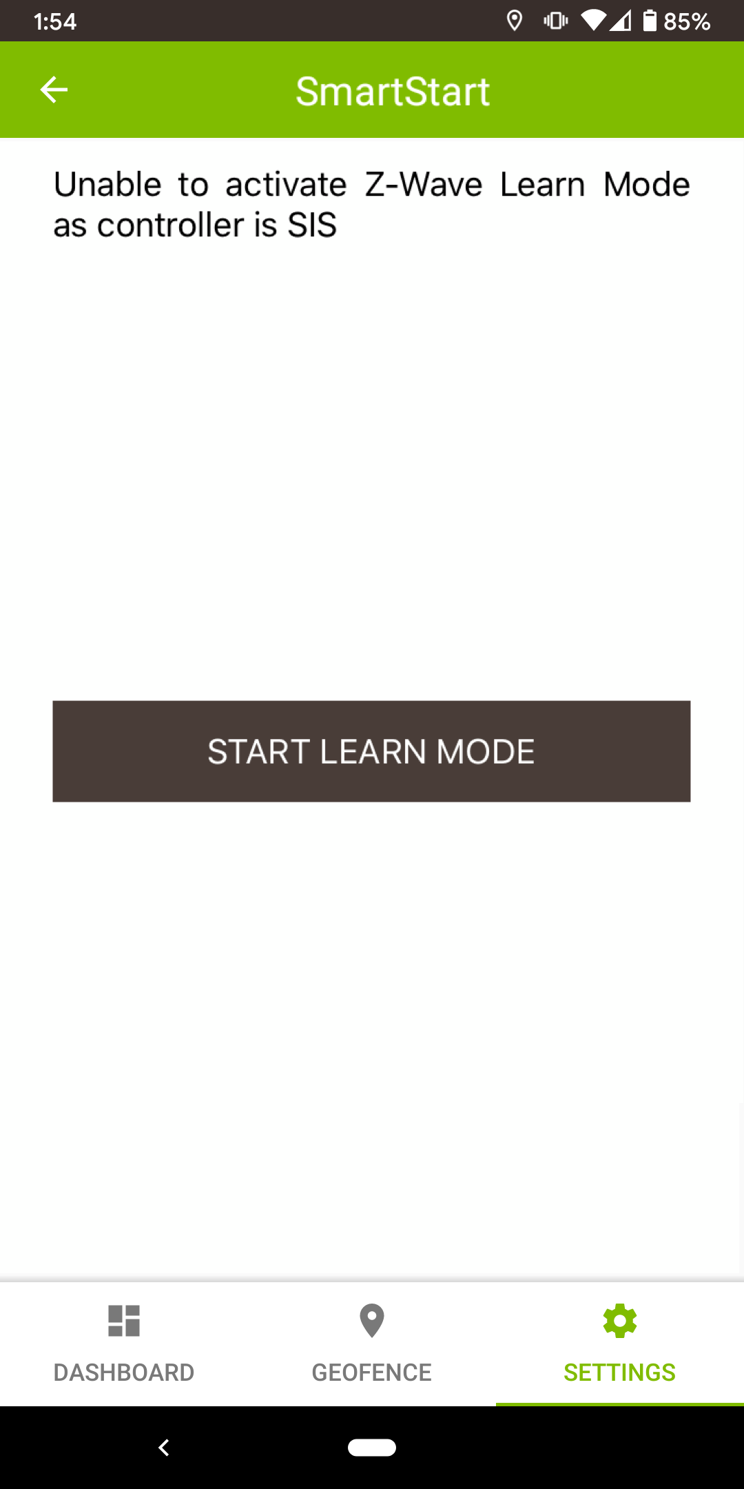 Screenshot: Learn Mode error - Controller is SIS