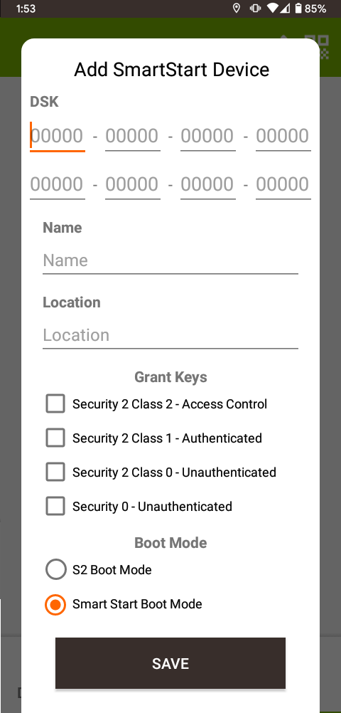 Screenshot: Manually enter DSK for SmartStart