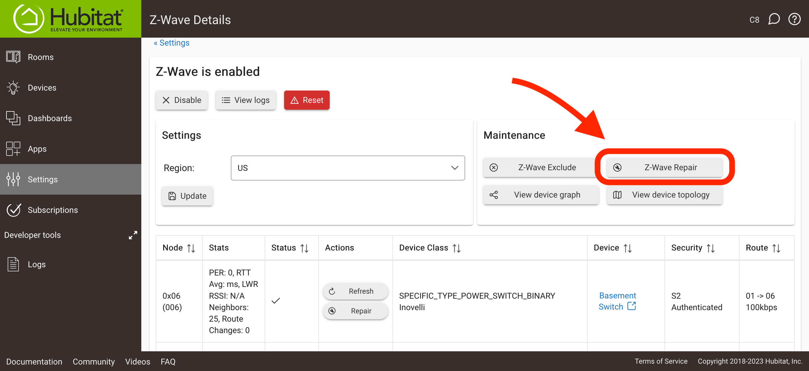 Screenshot: Network-wide "Repair" button