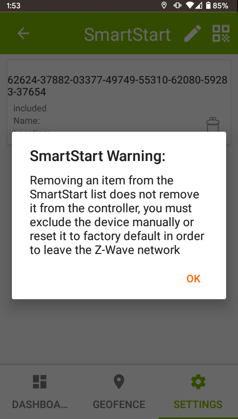 SCreenshot: SmartStart removal warning