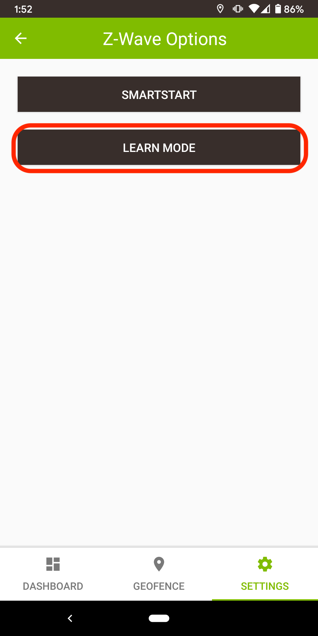 Screenshot: "Start Learn Mode" button