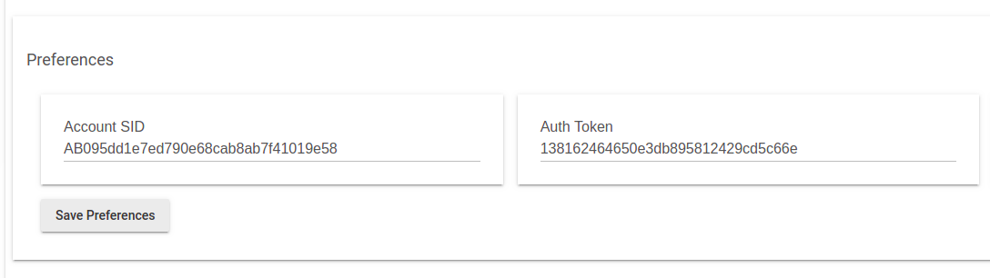 Screenshot of Account SID and Auth Token inputs in preferences