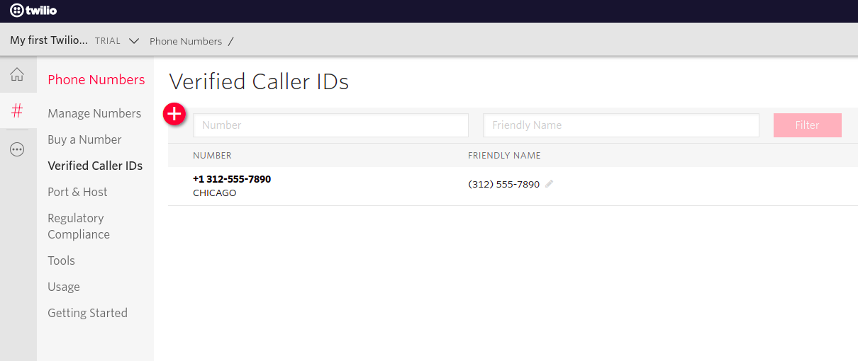 Screenshot - Twilio "Manage Numbers" screen