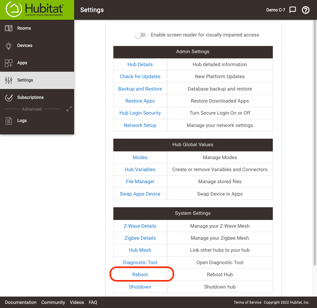 "Reboot" link on "Settings" page