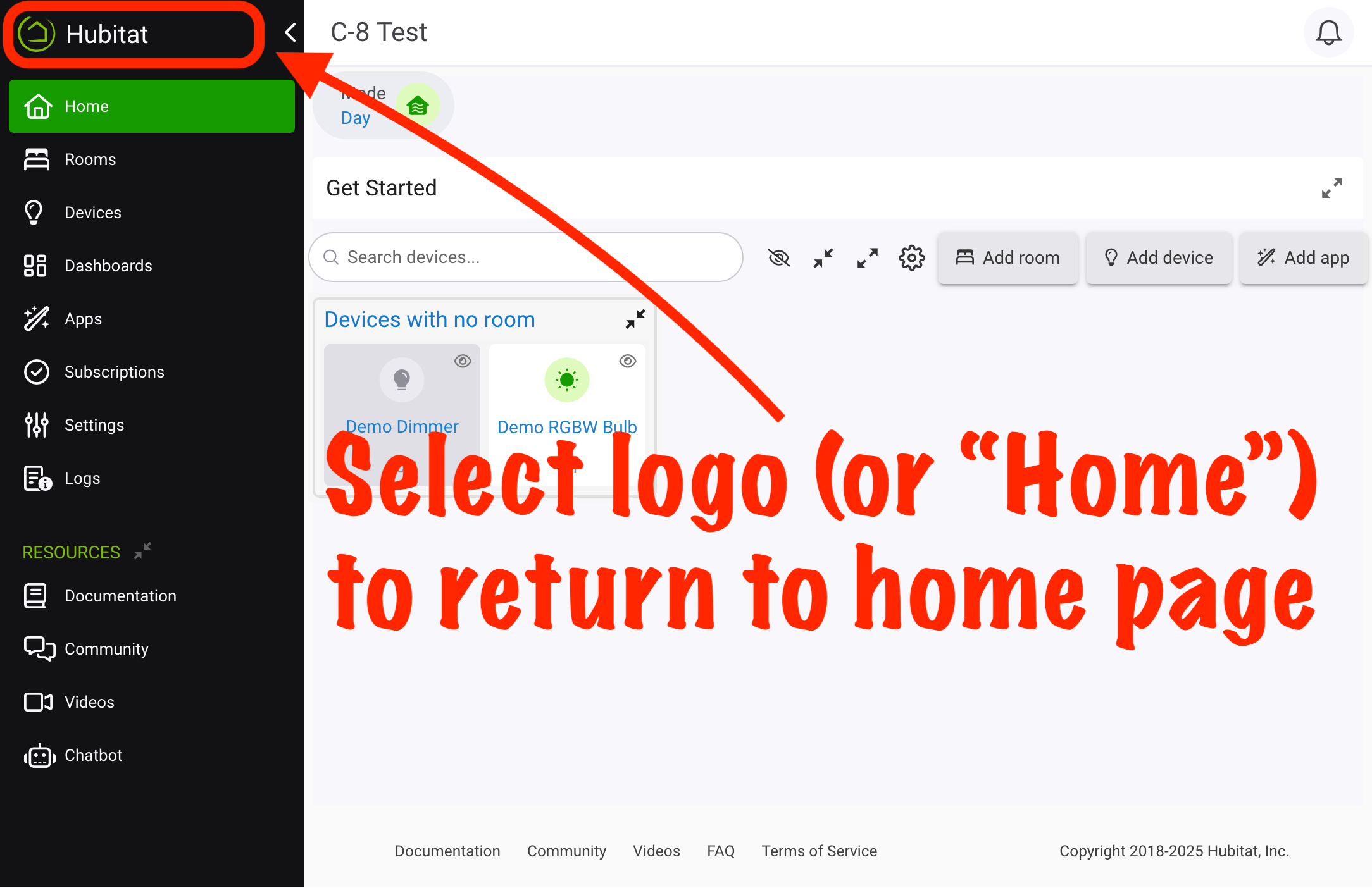 Screenshot of Hubitat logo in top left of admin UI