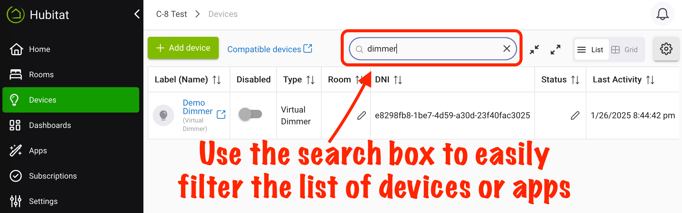 Screenshot highlighting search box above app and device lists