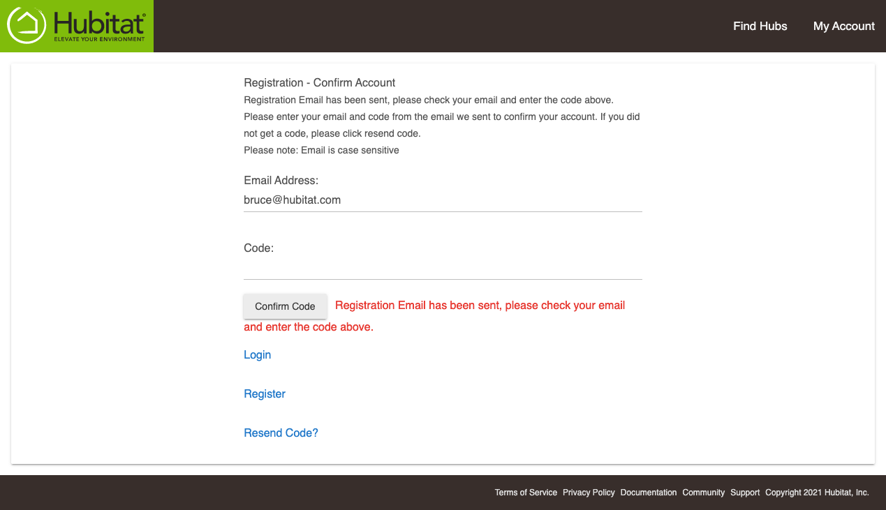 Sreenshot: Registration page with input for confirmation code