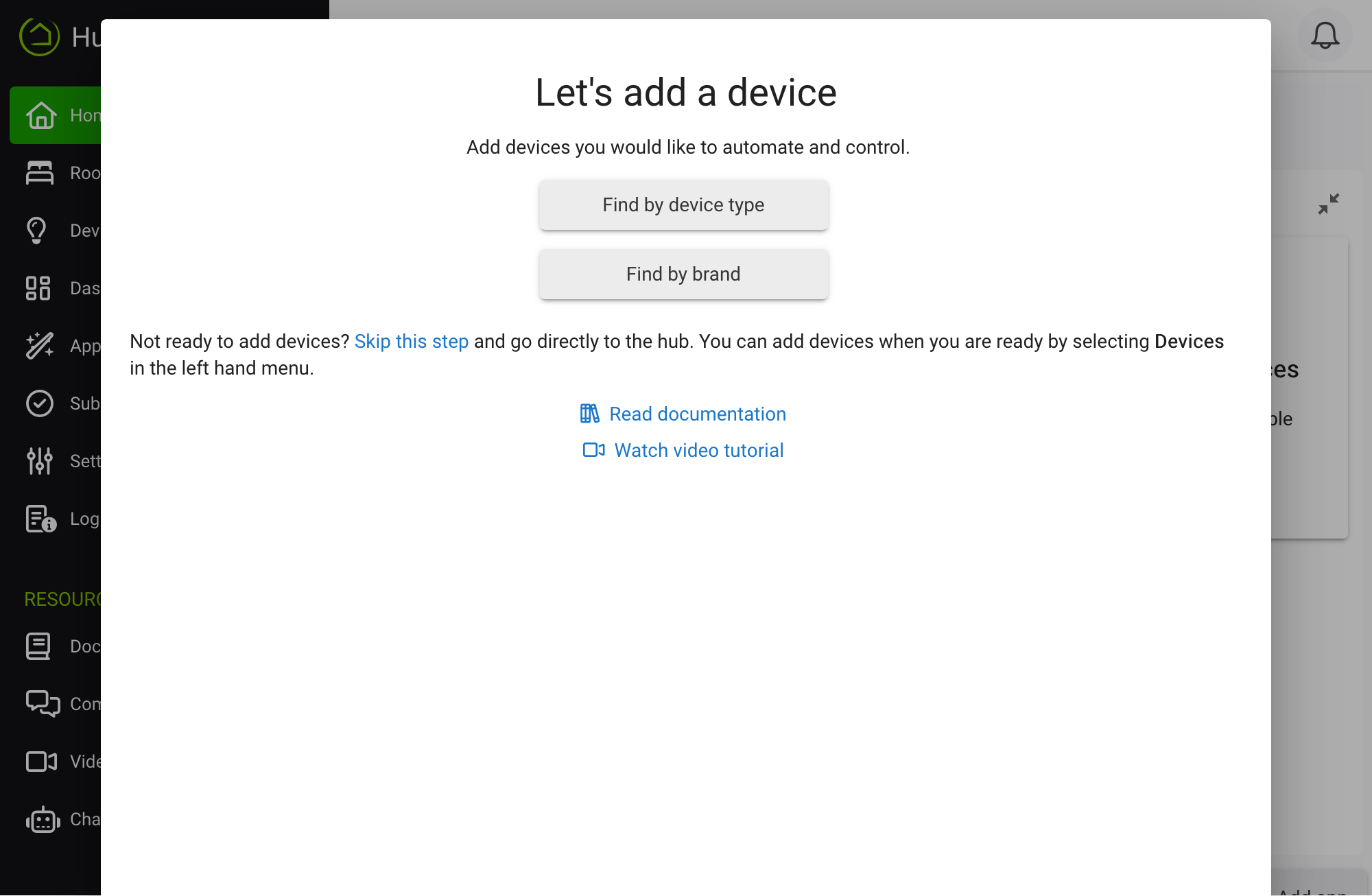 Screenshot: Add new device wizard upon completion of initial setup