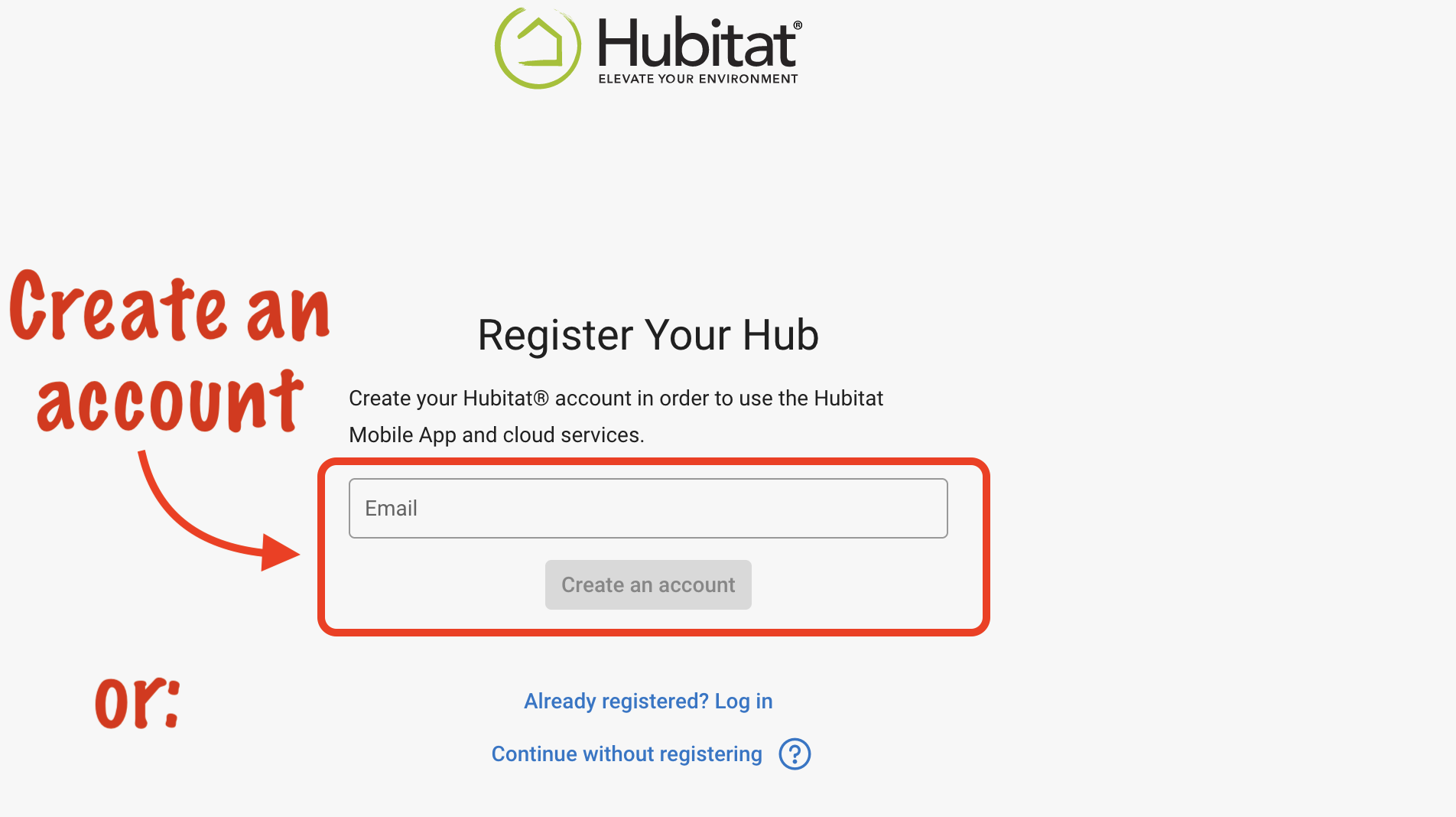 Screenshot: Create account, log in, or skip